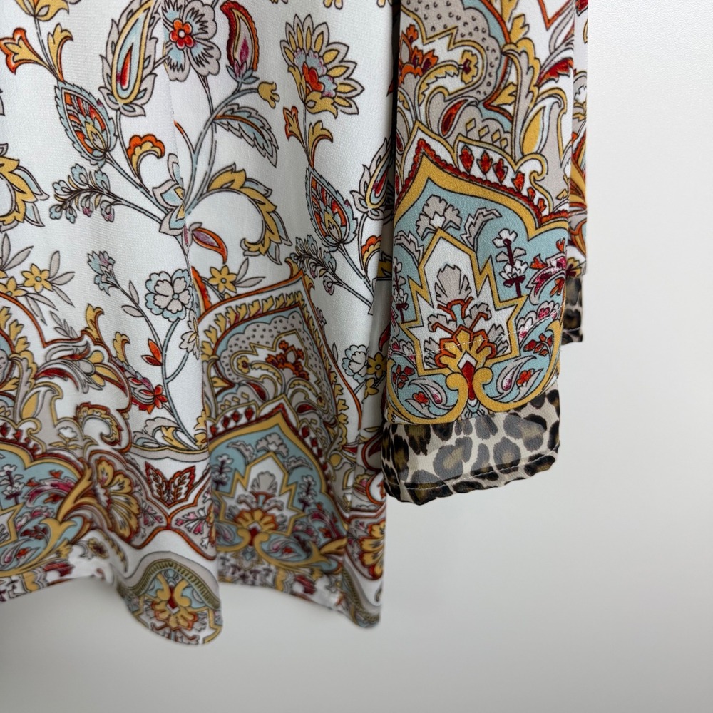 Chicos Mixed Print Blouse Size 2 Large Leopard Floral Paisley Stretch Boho Comfy - Picture 3 of 8